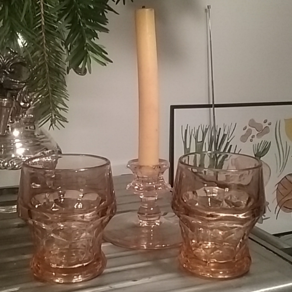 Mid-century rose-colored glass tumblers, candlestk